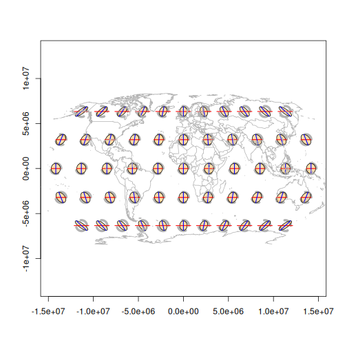 Grid of Tissot indicatrixes across the Robinson projection with world coastline overlay, showing rounder ellipses near the equator and increasing distortion toward the poles and edges