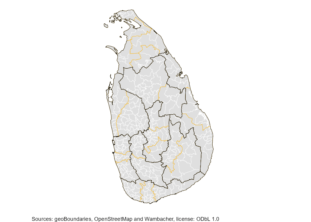 ADM1, ADM2 and ADM3 boundaries for Sri Lanka.