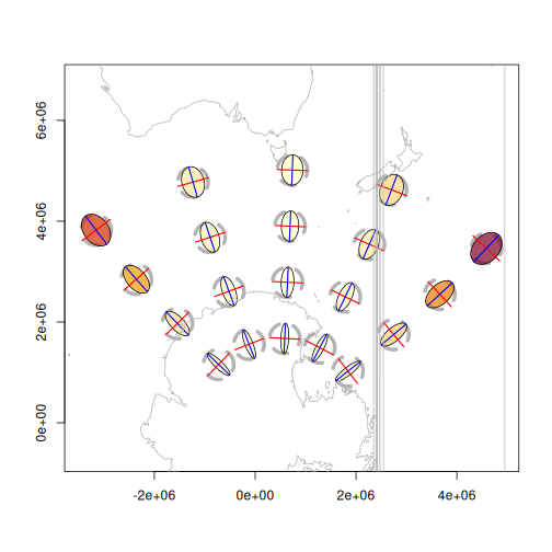 Tissot indicatrixes for UTM zone 55S across a broad Southern Ocean extent, coloured by areal scale factor, showing distortion growing far from the zone