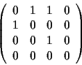 \begin{displaymath}\left(\begin{array}{cccc}
0 & 1 & 1 & 0 \\
1 & 0 & 0 & 0 \\
0 & 0 & 1 & 0 \\
0 & 0 & 0 & 0 \\
\end{array}\right)\end{displaymath}
