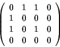 \begin{displaymath}\left(\begin{array}{cccc}
0 & 1 & 1 & 0 \\
1 & 0 & 0 & 0 \\
1 & 0 & 1 & 0 \\
0 & 0 & 0 & 0 \\
\end{array}\right)\end{displaymath}