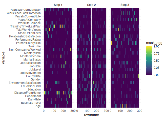An small-multiple heatmap as explainability plot for each step of the Tabnet network. Each plot shows for each variable of the test-set on the y axis the importance along each observation on the x axis.